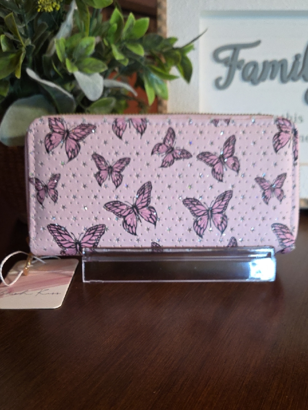 Blush Kiss Pink Rhinestone Butterfly Double Zip Wallet NWOT